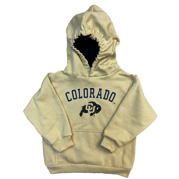 A vegas gold toddler hoodie with "Colorado" in black block lettering across the chest and the CU Ralphie logo below.
